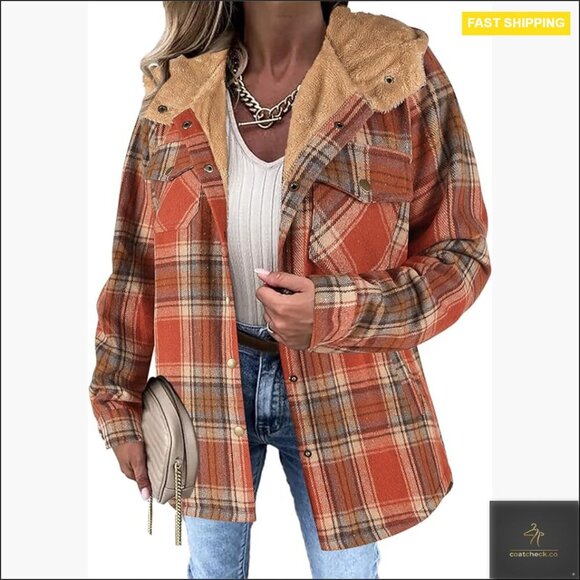 Jackets & Blazers - Oversized Plaid Shacket Hooded Sherpa Lined Fleece Jacket Fall Winter Casual